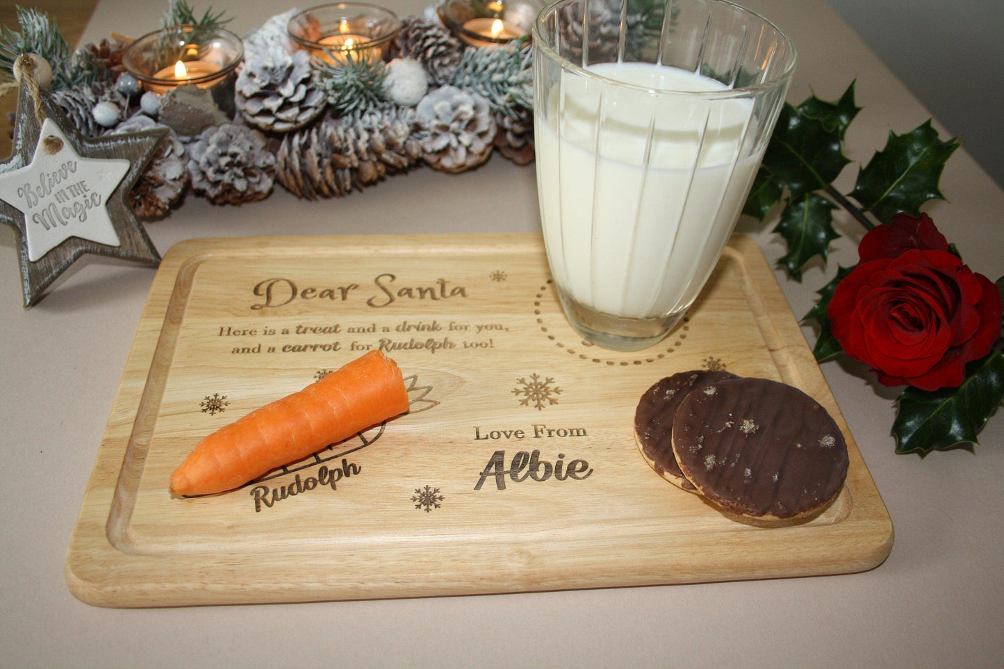 Wooden Christmas Eve Board | Christmas Eve | Santa | Rudolph | Treat Board | Mince Pie | Cookie | Milk | Carrot | Personalised