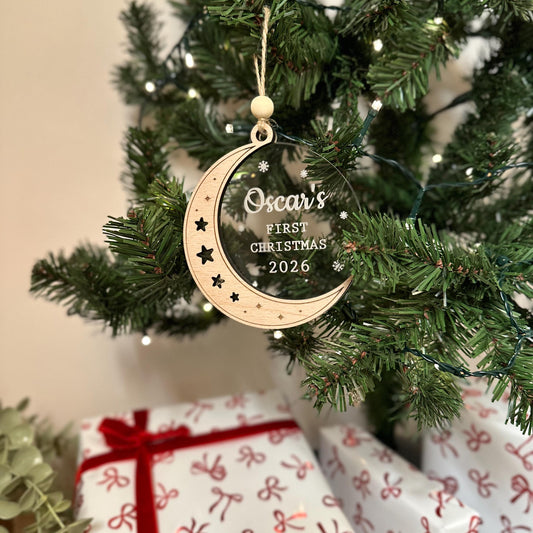 Personalised First Christmas Bauble | Christmas | Baby | Moon | Stars | Wooden | Acrylic |