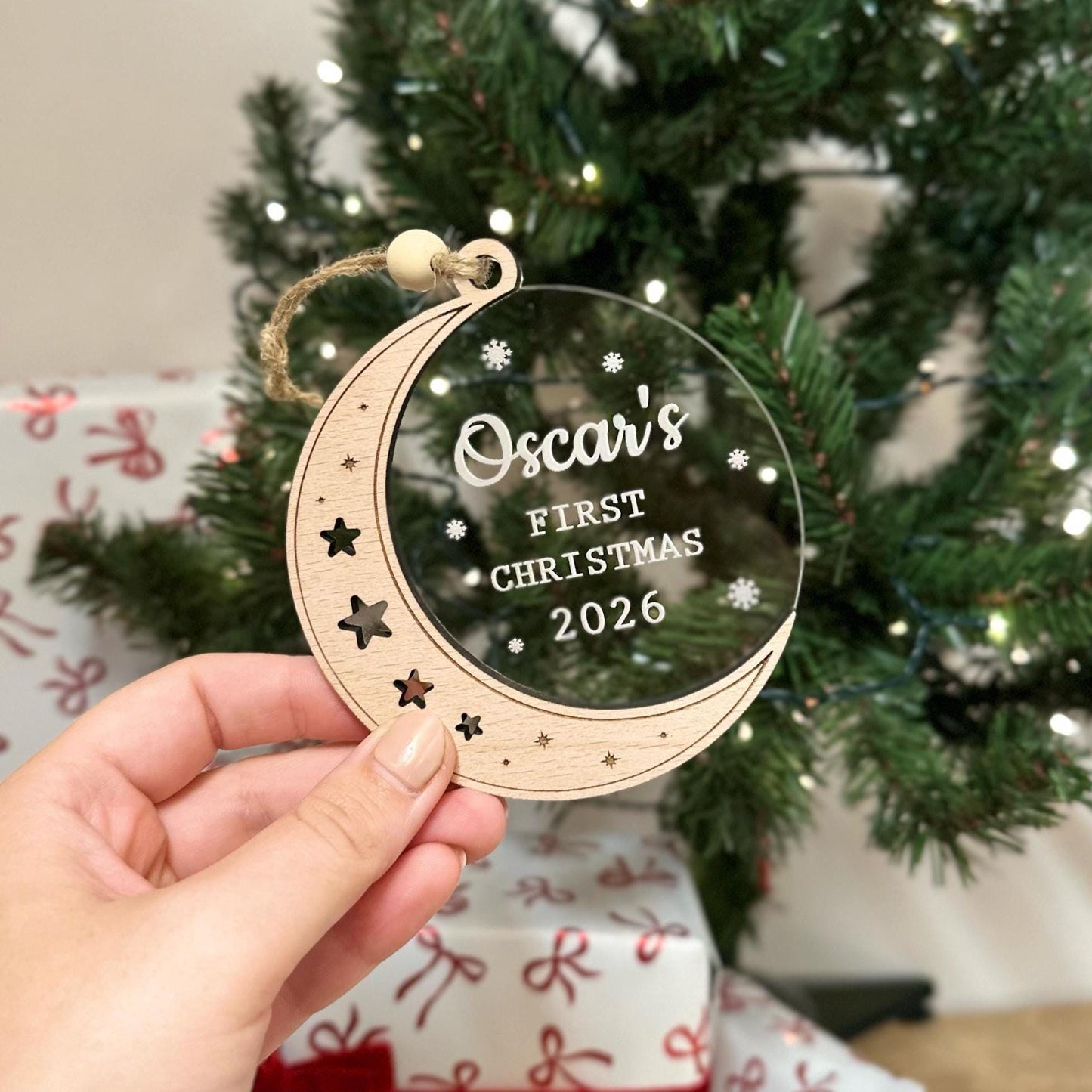 Personalised First Christmas Bauble | Christmas | Baby | Moon | Stars | Wooden | Acrylic |