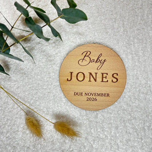 Personalised Pregnancy Announcement Disc | Baby Due Sign | New Baby | Wooden Due Date Plaque | Social Media Prop | Boy | Girl | Gift