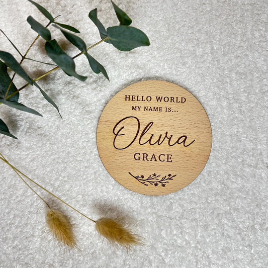 Personalised Name Announcement Disc | Hello World | New Baby | Wooden Plaque | Social Media Prop | Boy | Girl | Gift