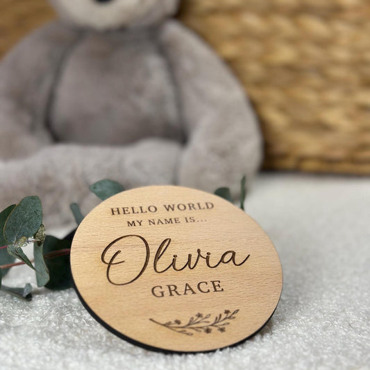 Personalised Name Announcement Disc | New Baby | Wooden Plaque | Social Media Photo Prop | Boy | Girl | Gift