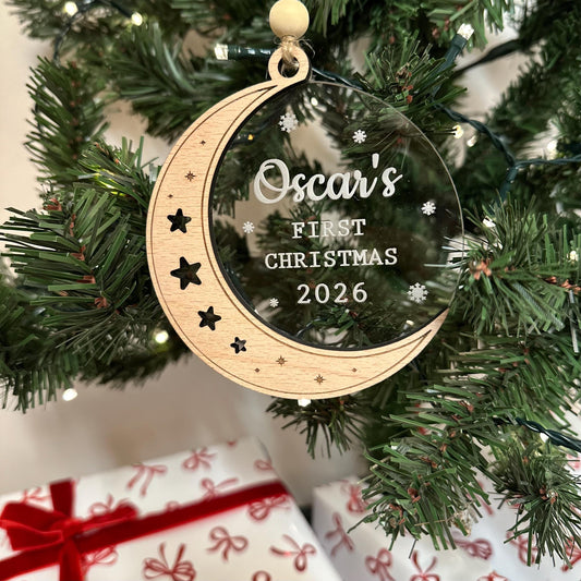 Personalised First Christmas Bauble | Christmas | Baby | Moon | Stars | Wooden | Acrylic |