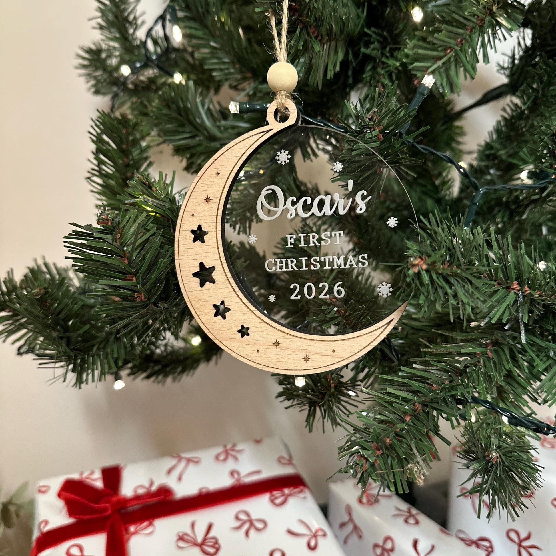 Personalised First Christmas Bauble | Christmas | Baby | Moon | Stars | Wooden | Acrylic |