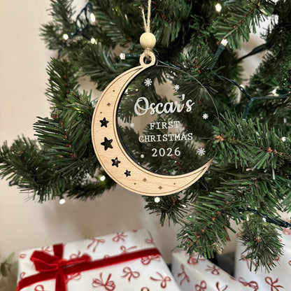 Personalised First Christmas Bauble | Christmas | Baby | Moon | Stars | Wooden | Acrylic |